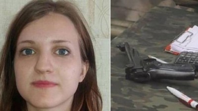 Veronika Motorina e a pistola com que matou instrutor (Foto: Reprodução/Polícia Nacional da Ucrânia)