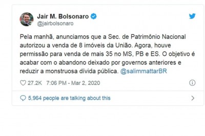 Governo autoriza venda de 35 imóveis da União (Foto: reprodução/Twitter/Jair Bolsonaro)