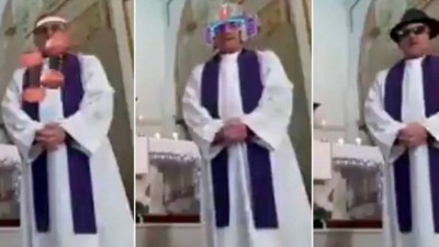 Filtros ativados durante missa transmitida por smartphone na Itália (Foto: Reprodução/Twitter)