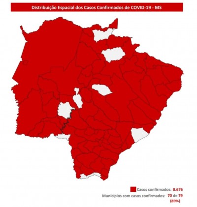 Mapa mostra casos confirmados de Covid-19 em MS - Foto: reprodução/Secretaria de Saúde de MS