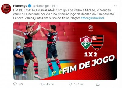 Carioca: Flamengo vence Fluminense no primeiro jogo da final (Foto: reprodução/Twitter)