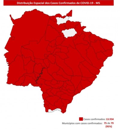 Mapa mostra municípios de MS com casos confirmados de Covid-19 - Foto: reprodução/Governo de MS