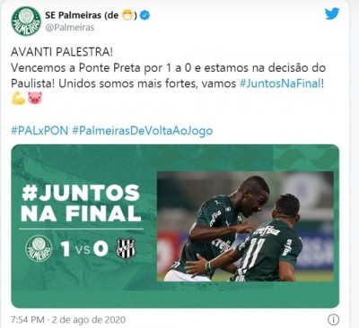 Palmeiras passa pela Ponte e está na decisão do Paulista (Foto: reprodução/Twitter- SE Palmeiras)