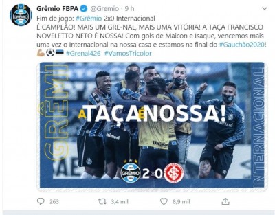 Grêmio vence Inter e conquista segundo turno do Gaúcho (Foto: reprodução/Twitter Grêmio)