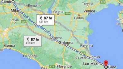 Trajeto de uma semana de caminhada entre Como e Fano, na Itália - Foto: Reprodução/Google Map