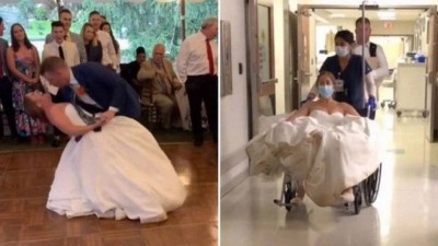 Momento em que noiva torce o joelho e, depois, no hospital Foto: Reprodução/TikTok
