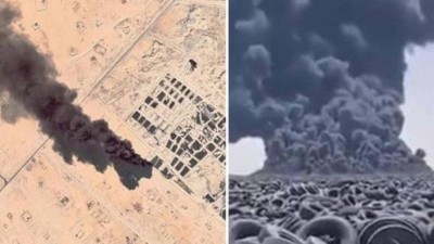 Fumaça no maior cemitério de pneus do mundo, em deserto no Kuwait, é vista do espaço (Foto: Reprodução)