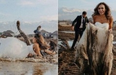 Noivos caem em lama durante ensaio no Cazaquistão (Foto: Reprodução/Instagram)