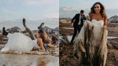 Noivos caem em lama durante ensaio no Cazaquistão (Foto: Reprodução/Instagram)