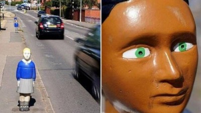 Bonecos educativos instalados em cidade inglesa aterrorizam motoristas e pedestres (Foto: Reprodução/Twitter)