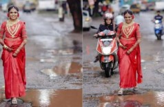 Noiva posa em rua esburacada na Índia (Foto: Reprodução/Instagram)