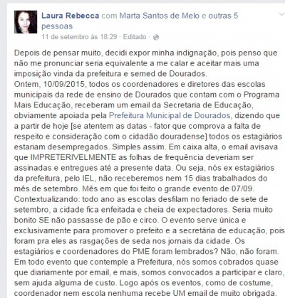 Laura Rebeca relata sua indignação com a prefeitura de Dourados no Facebook (Reprodução Facebook)