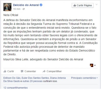 Nota oficial foi divulgada nesta tarde pelo advogado do senador Delcídio do Amaral (Reprodução/Facebook)