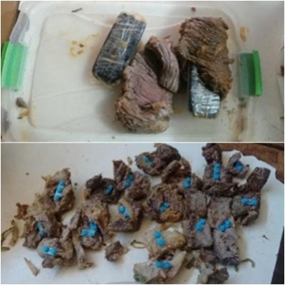 Celulares eram levados em meio a pedaços de carne - Agentes creem que estimulantes seriam comercializados entr... ((Fotos: divulgação Agepen))