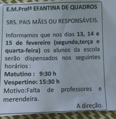 Comunicado da direção da escola aos pais e responsáveis. ((Foto: Divulgação))