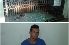 Vidraça da loja quebrada e o acusado (Foto: Sidnei Bronka) ()